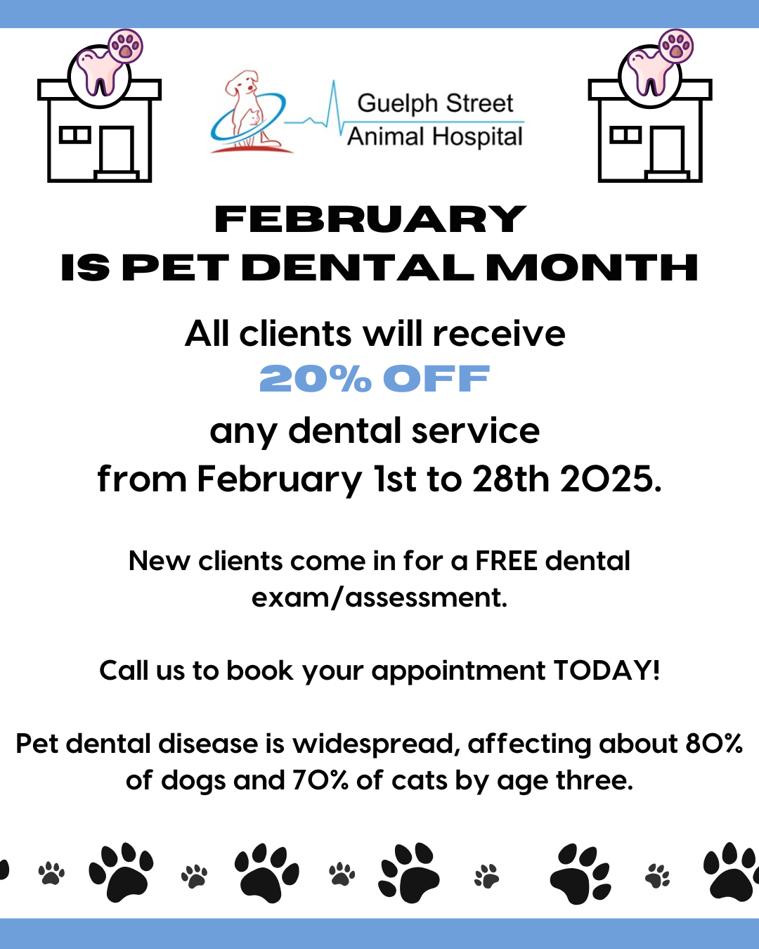 FEBRUARY IS PET DENTAL MONTH | Pet dental disease is widespread, affecting about 80% of dogs and 70% of cats by age three. New clients come in for a FREE dental exam/assessment. All clients will receive 10% off any dental service from February 1st to 28th 2025.